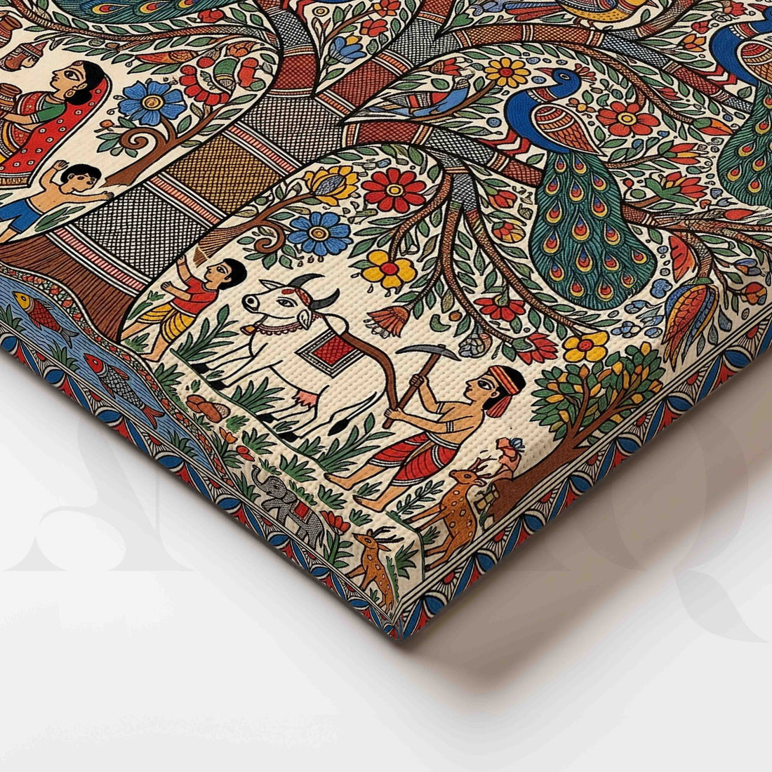 Peacock Tree of Life Madhubani Canvas Artwork – Asha Art Studio