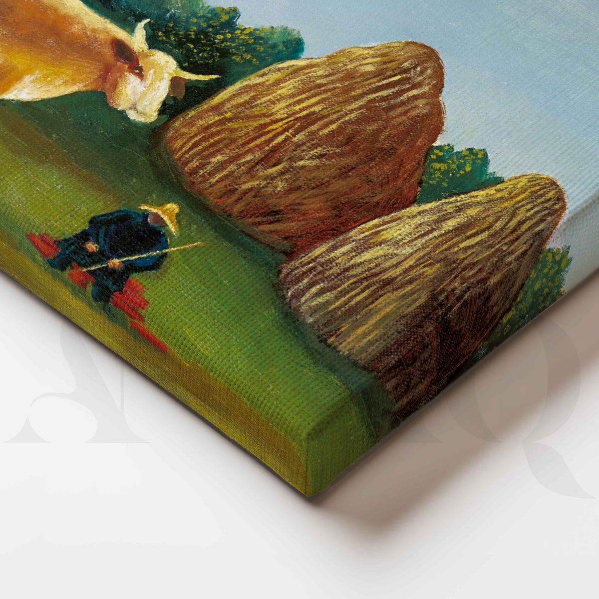 Pastoral Countryside with Cow Folk Art Canvas Artwork – Asha Art Studio – Image 2
