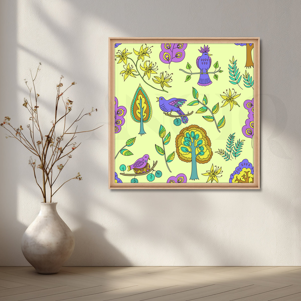 Purple Birds Garden Pattern Canvas Artwork – Asha Art Studio – Image 5