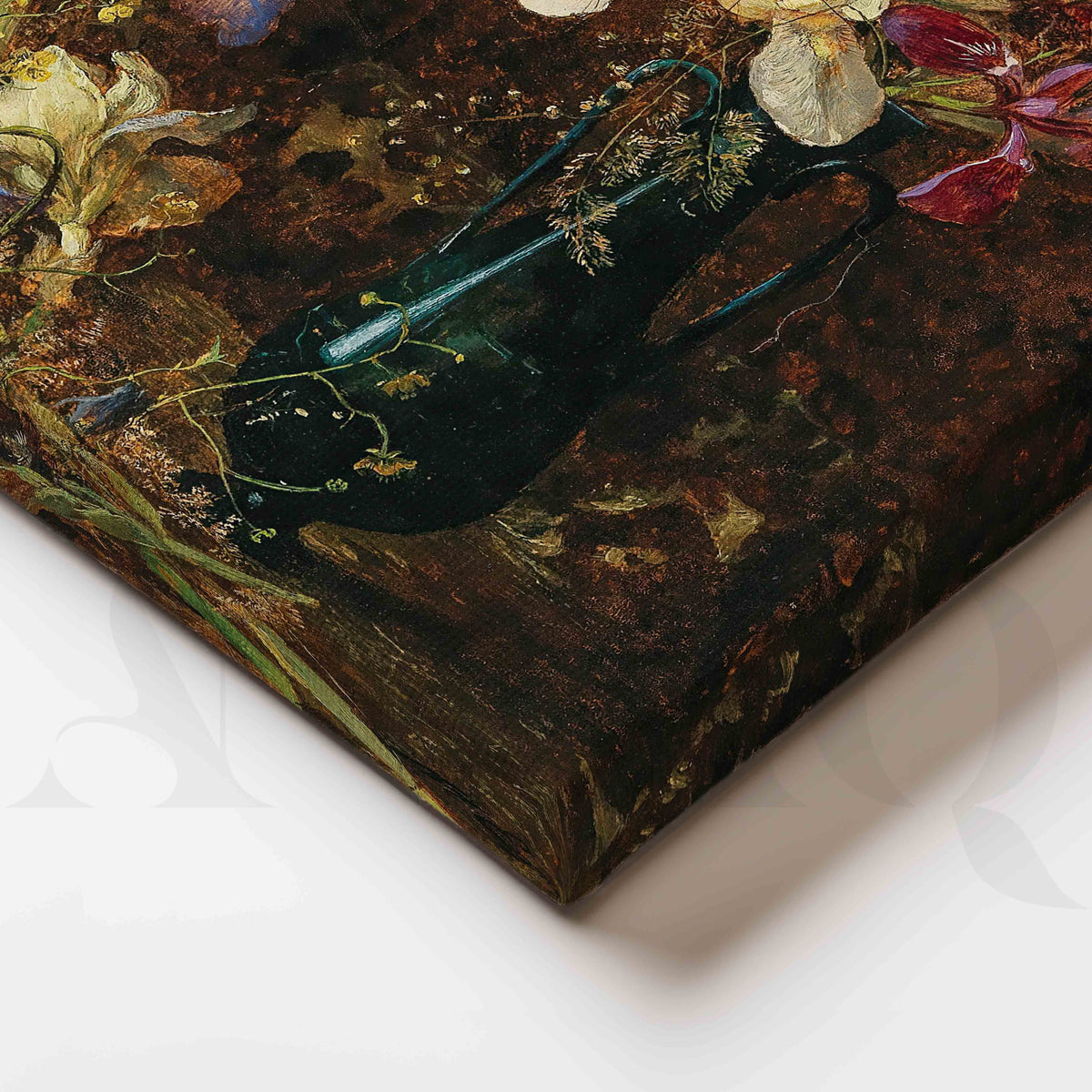 Vintage Iris Bouquet in Dark Vase Canvas Artwork – Asha Art Studio – Image 2