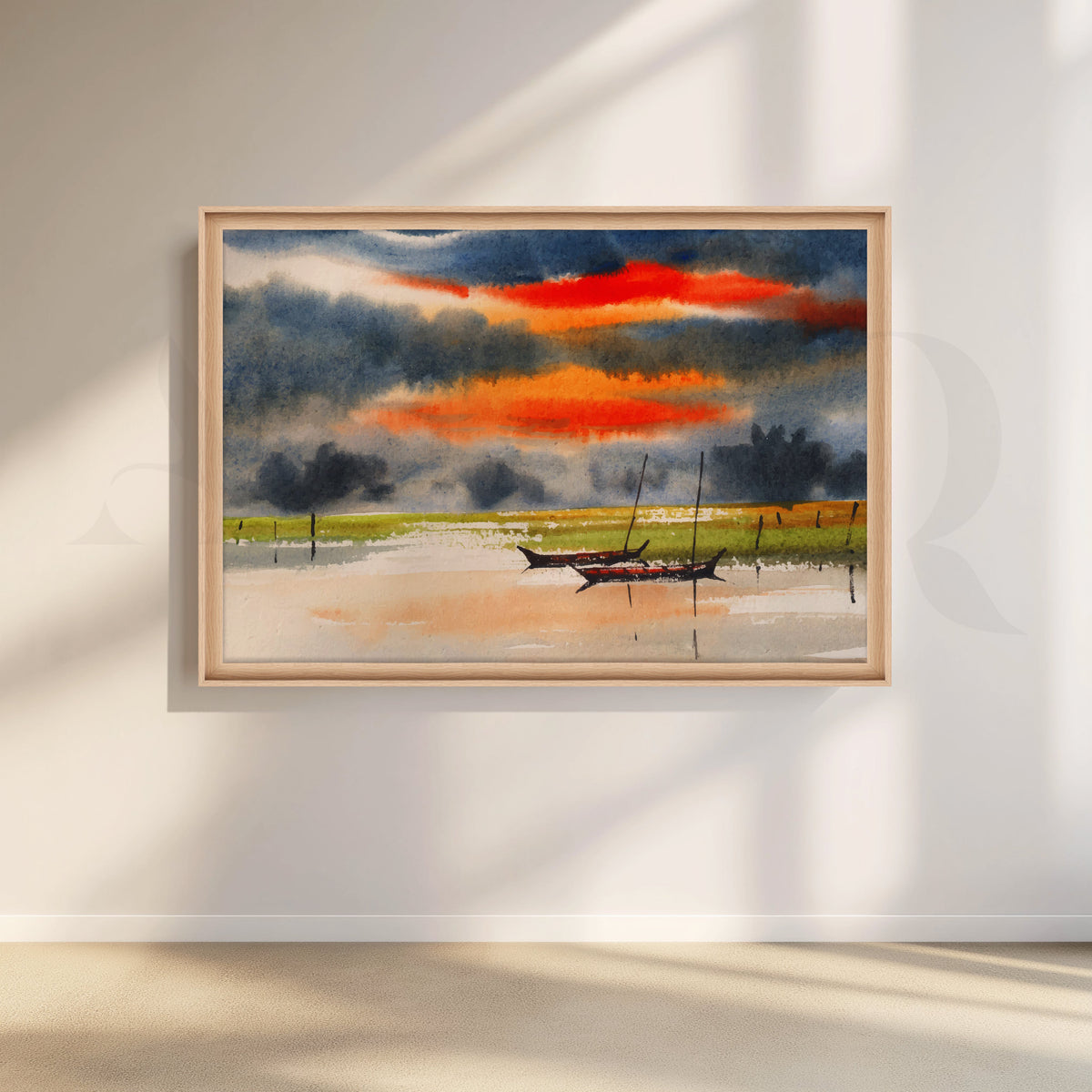 Sunset Stillness with Boats Canvas Artwork – Asha Art Studio – Image 4