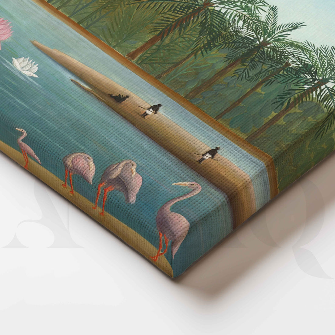 Tropical Lotus Lake with Flamingos Folk Art Canvas Artwork – Asha Art Studio