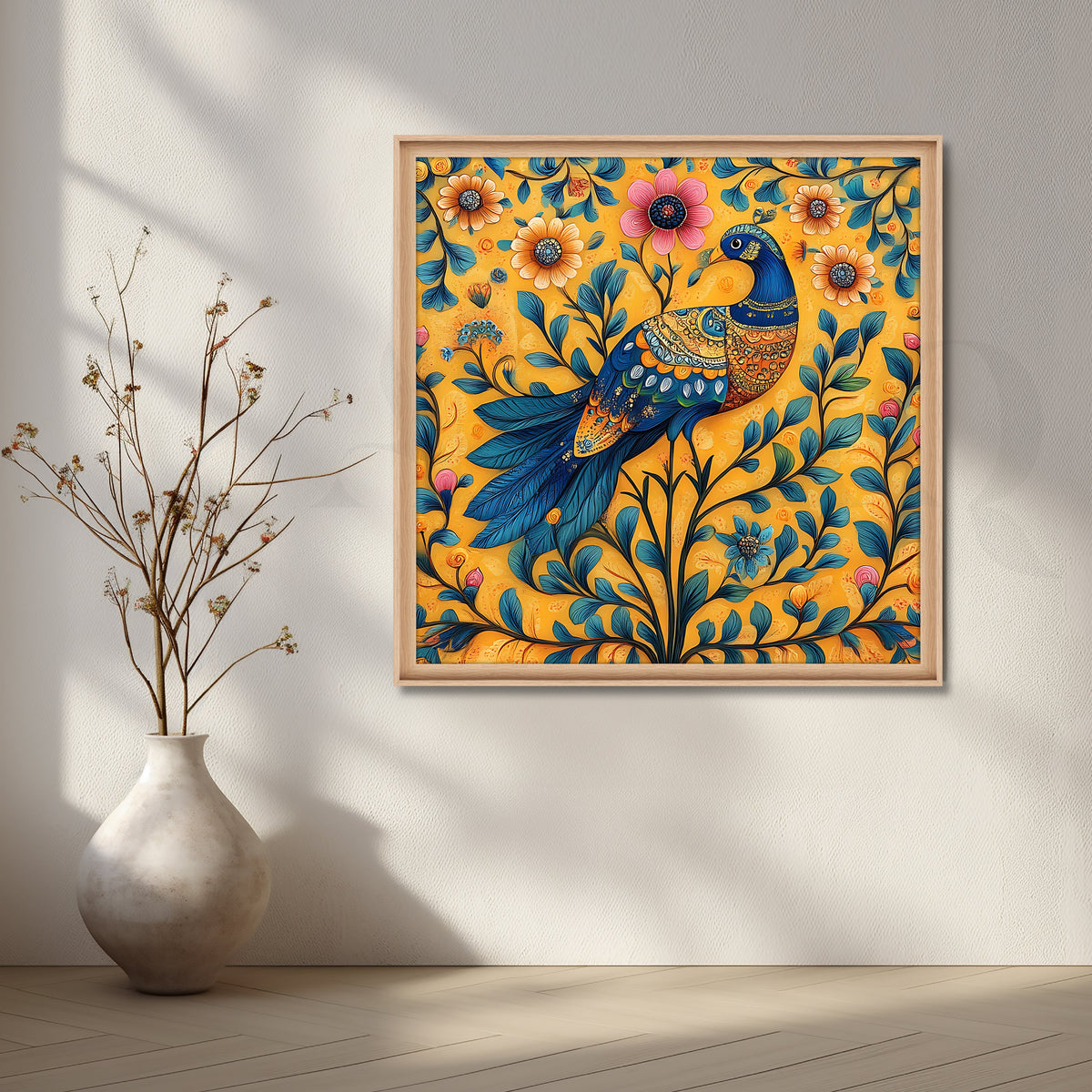 Golden Peacock Garden Folk Canvas Artwork – Asha Art Studio – Image 5