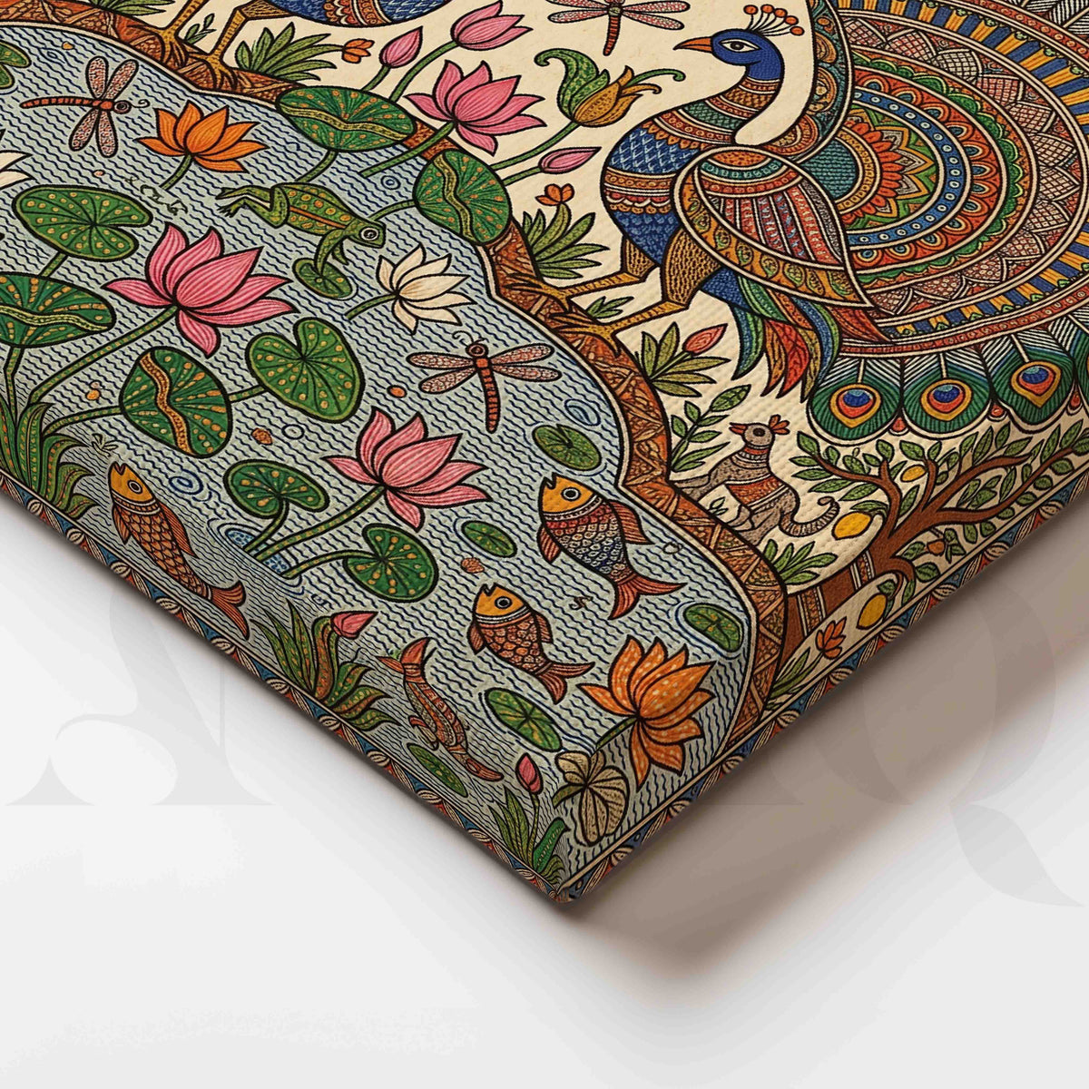 Peacock Lotus Pond Madhubani Canvas Artwork – Asha Art Studio – Image 2