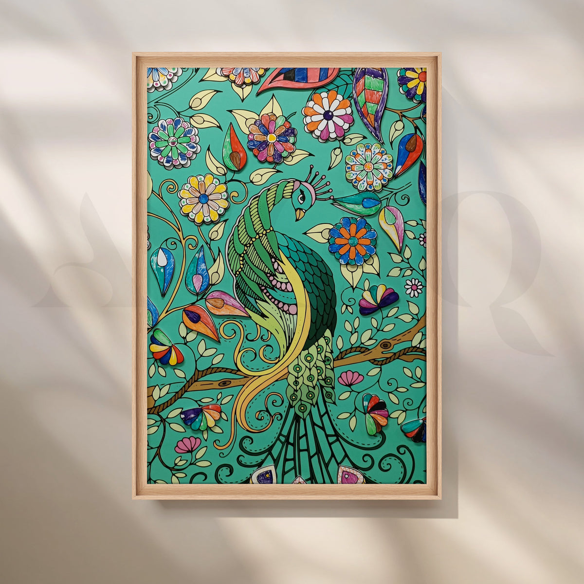 Emerald Peacock Garden Canvas Artwork – Asha Art Studio – Image 5