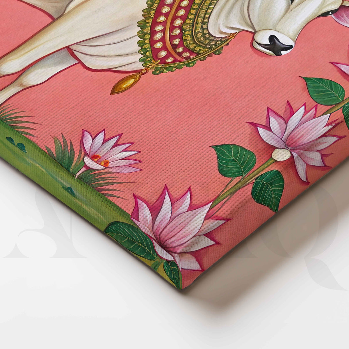 Lotus Framed Sacred Cow Canvas Artwork – Asha Art Studio – Image 2