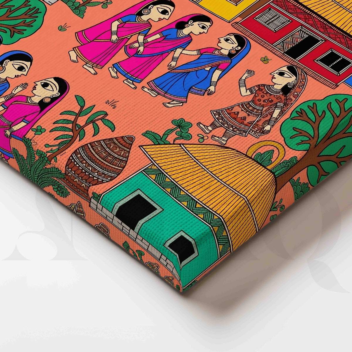 Traditional Madhubani Village Life Canvas Artwork – Asha Art Studio – Image 2