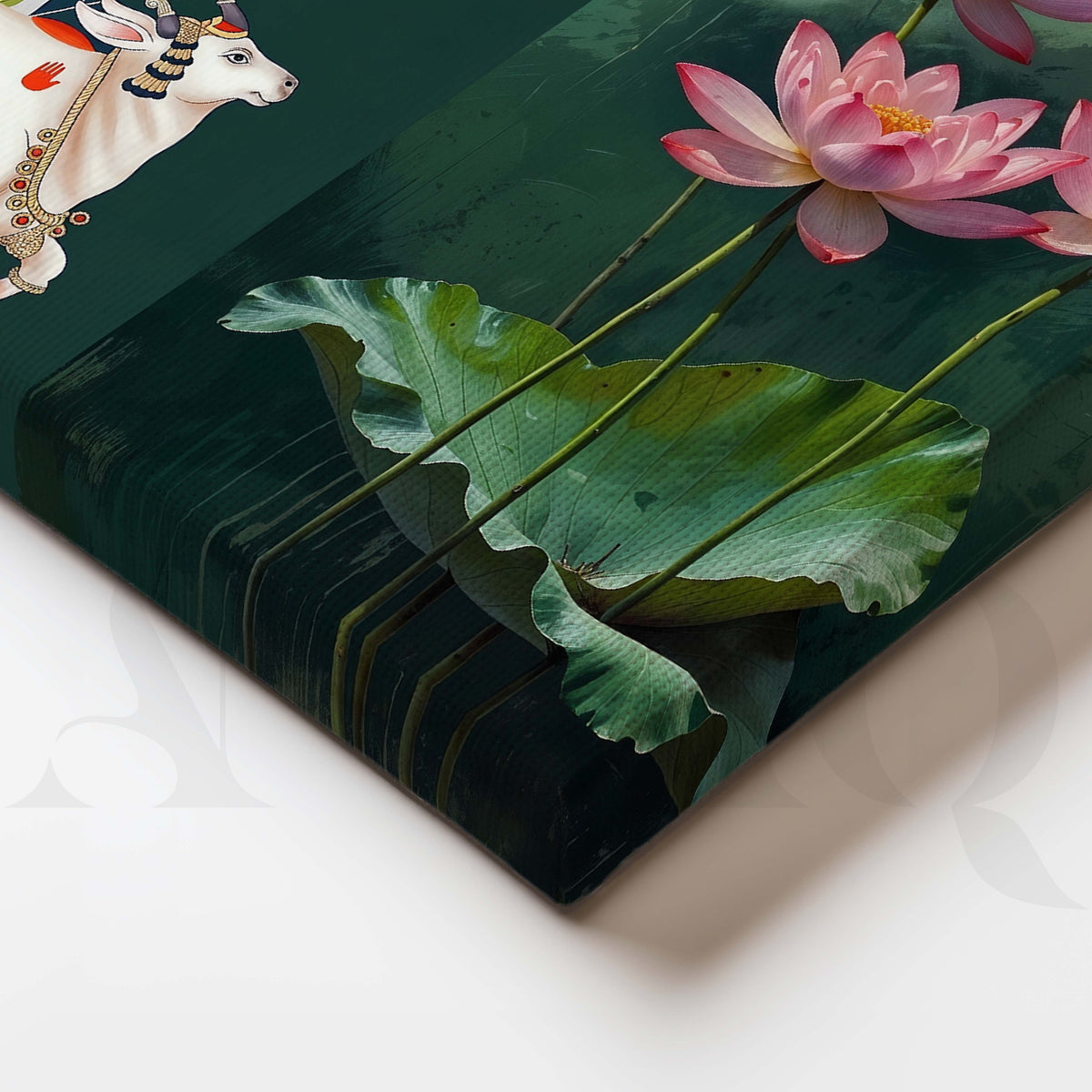 Lotus and Sacred Cow Botanical Canvas Artwork – Asha Art Studio – Image 2