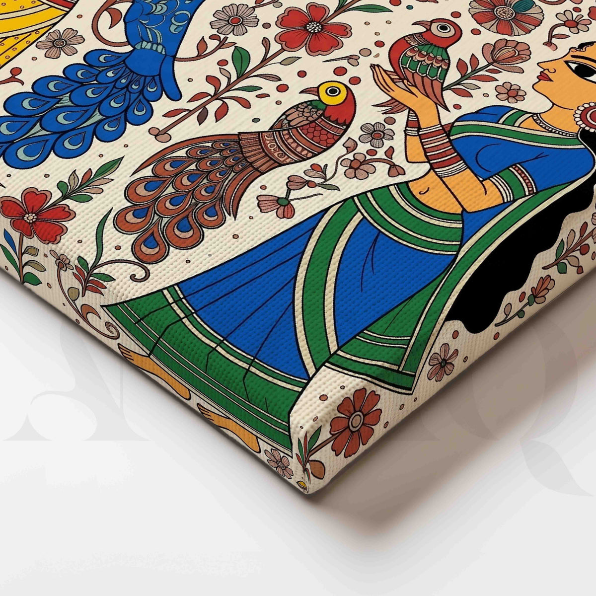 Traditional Women and Peacocks Madhubani Canvas Artwork – Asha Art Studio – Image 2
