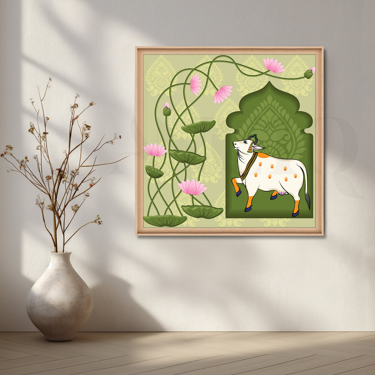 Lotus Blessings Cow Canvas Artwork – Asha Art Studio – Image 5