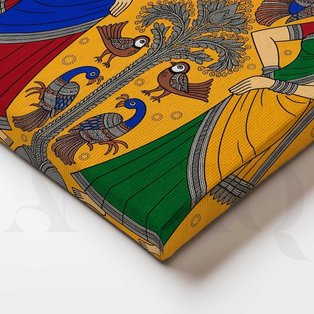 Traditional Women and Birds Madhubani Canvas Artwork – Asha Art Studio
