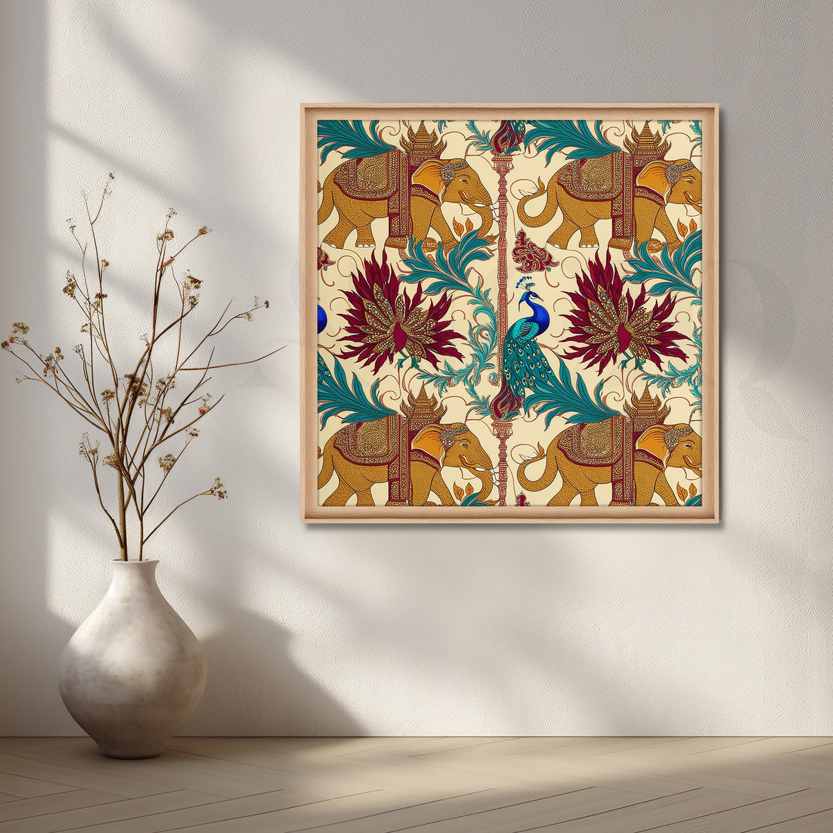 Elephant & Peacock Harmony Canvas Artwork – Asha Art Studio – Image 5