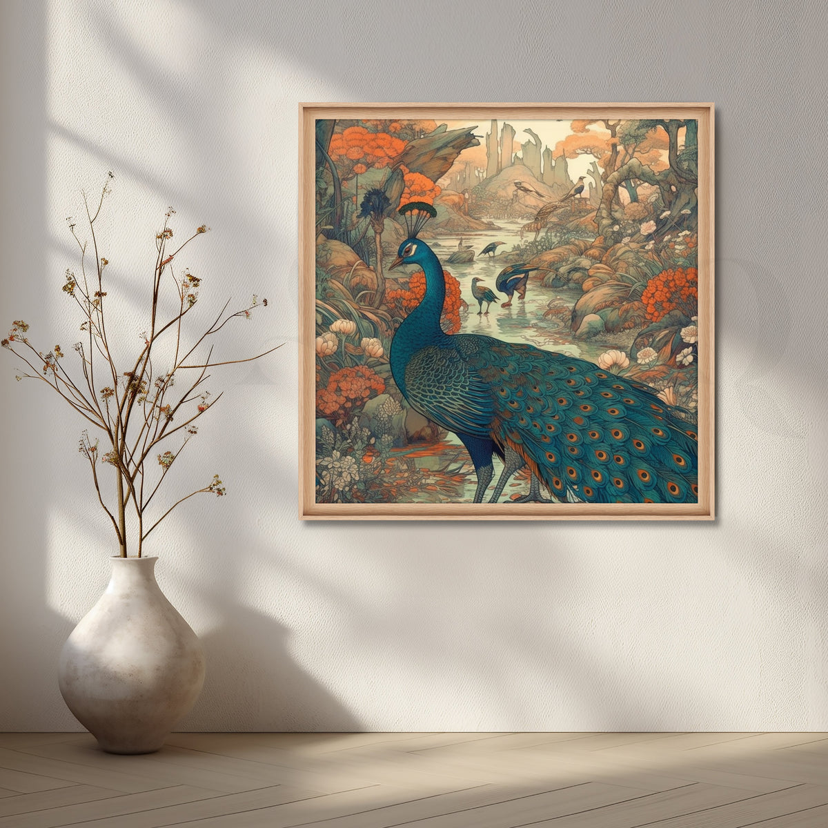 Whispering Peacocks by the Stream Canvas – Asha Art Studio – Image 5