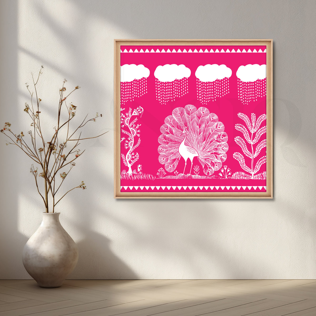 Pink Warli Peacock Rain Dance Canvas Artwork – Asha Art Studio – Image 5