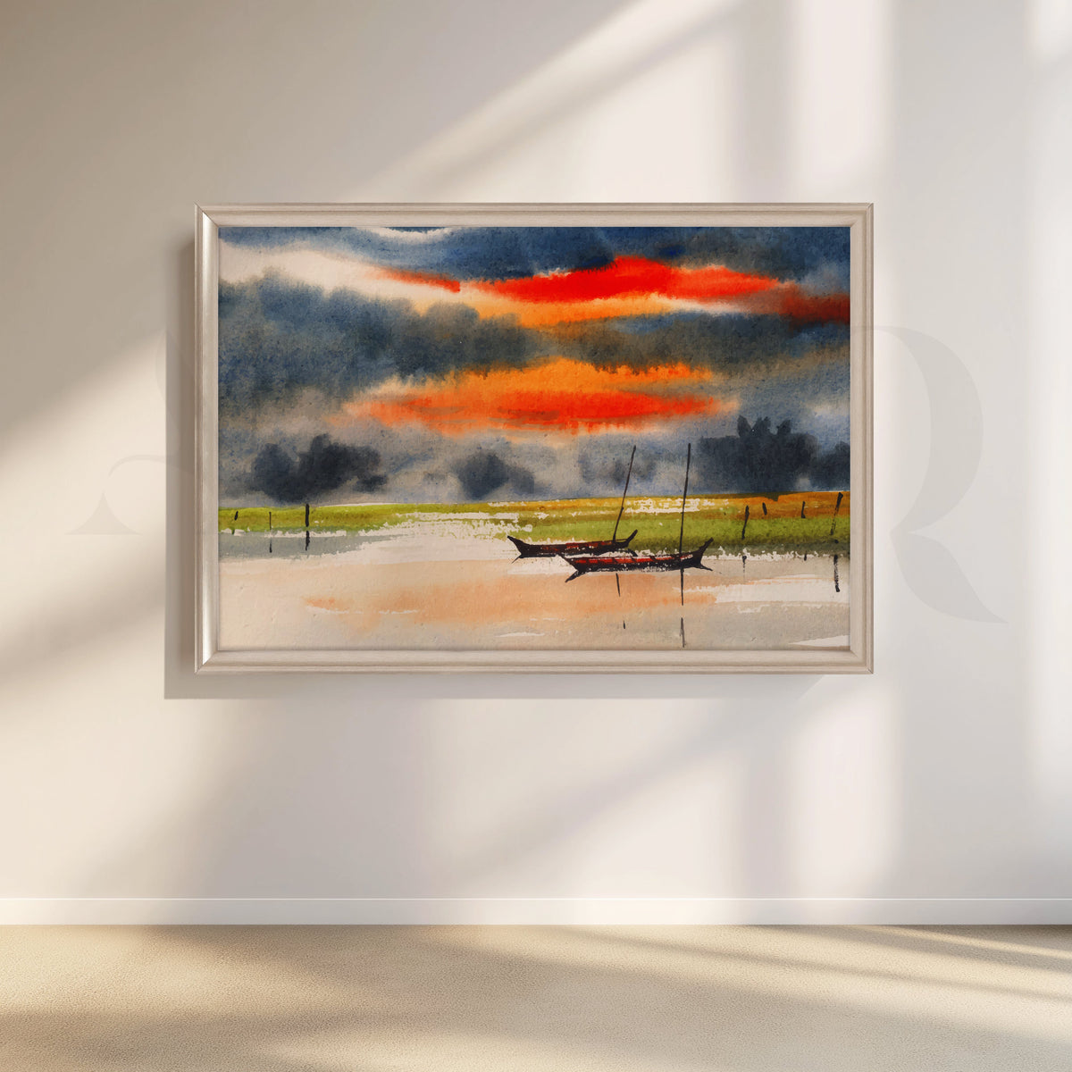 Sunset Stillness with Boats Canvas Artwork – Asha Art Studio – Image 3