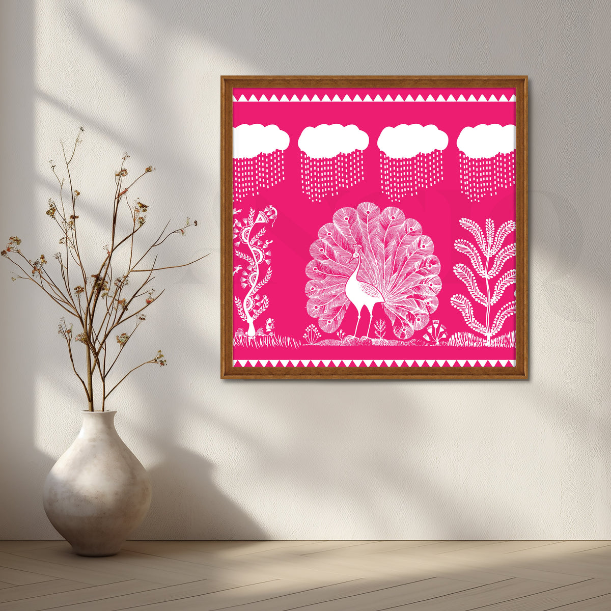 Pink Warli Peacock Rain Dance Canvas Artwork – Asha Art Studio – Image 6