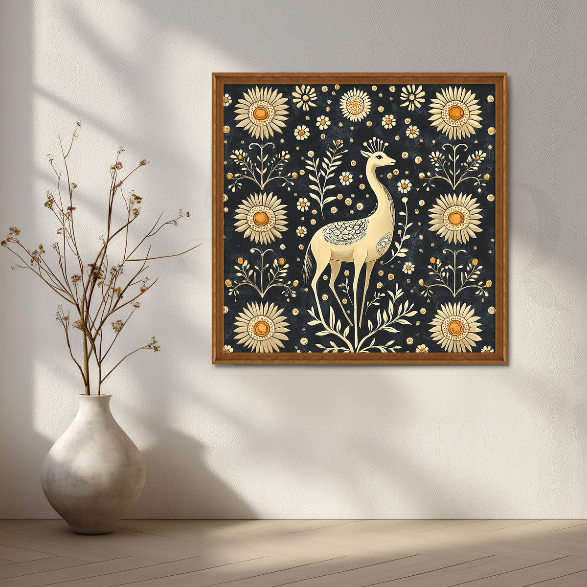 Black Folk Deer with Golden Blossoms Canvas Artwork – Asha Art Studio – Image 6