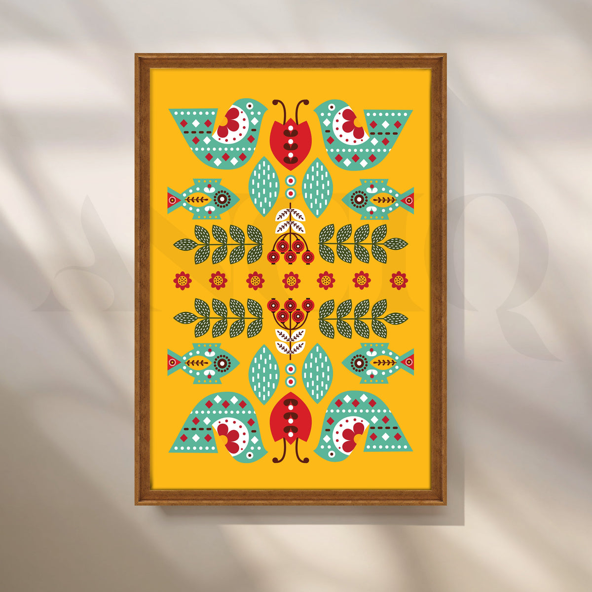 Folk Birds & Fishes Yellow Canvas Artwork – Asha Art Studio – Image 6