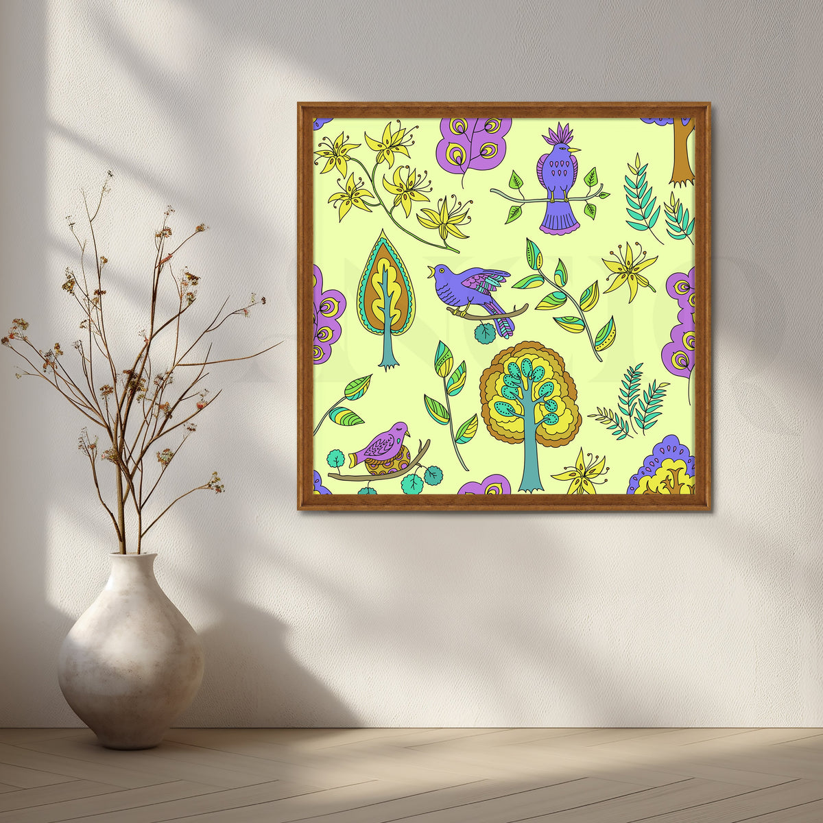 Purple Birds Garden Pattern Canvas Artwork – Asha Art Studio – Image 6