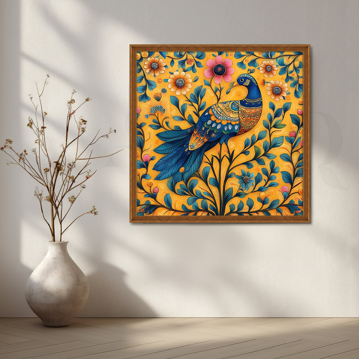 Golden Peacock Garden Folk Canvas Artwork – Asha Art Studio – Image 6