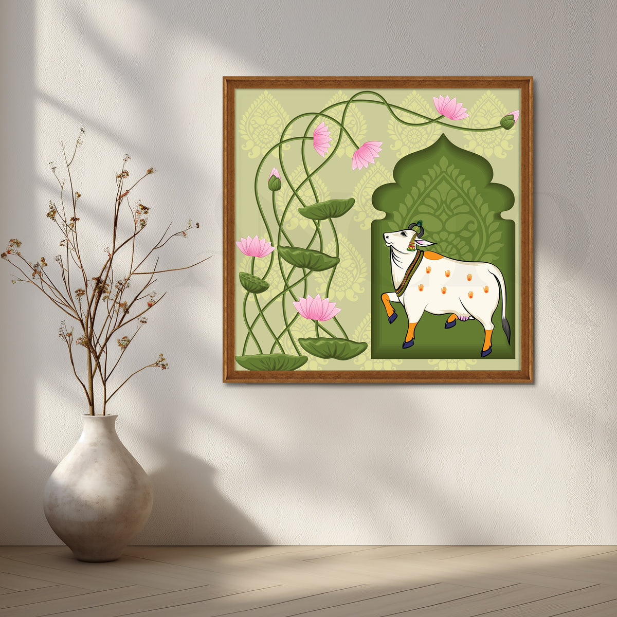 Lotus Blessings Cow Canvas Artwork – Asha Art Studio – Image 6
