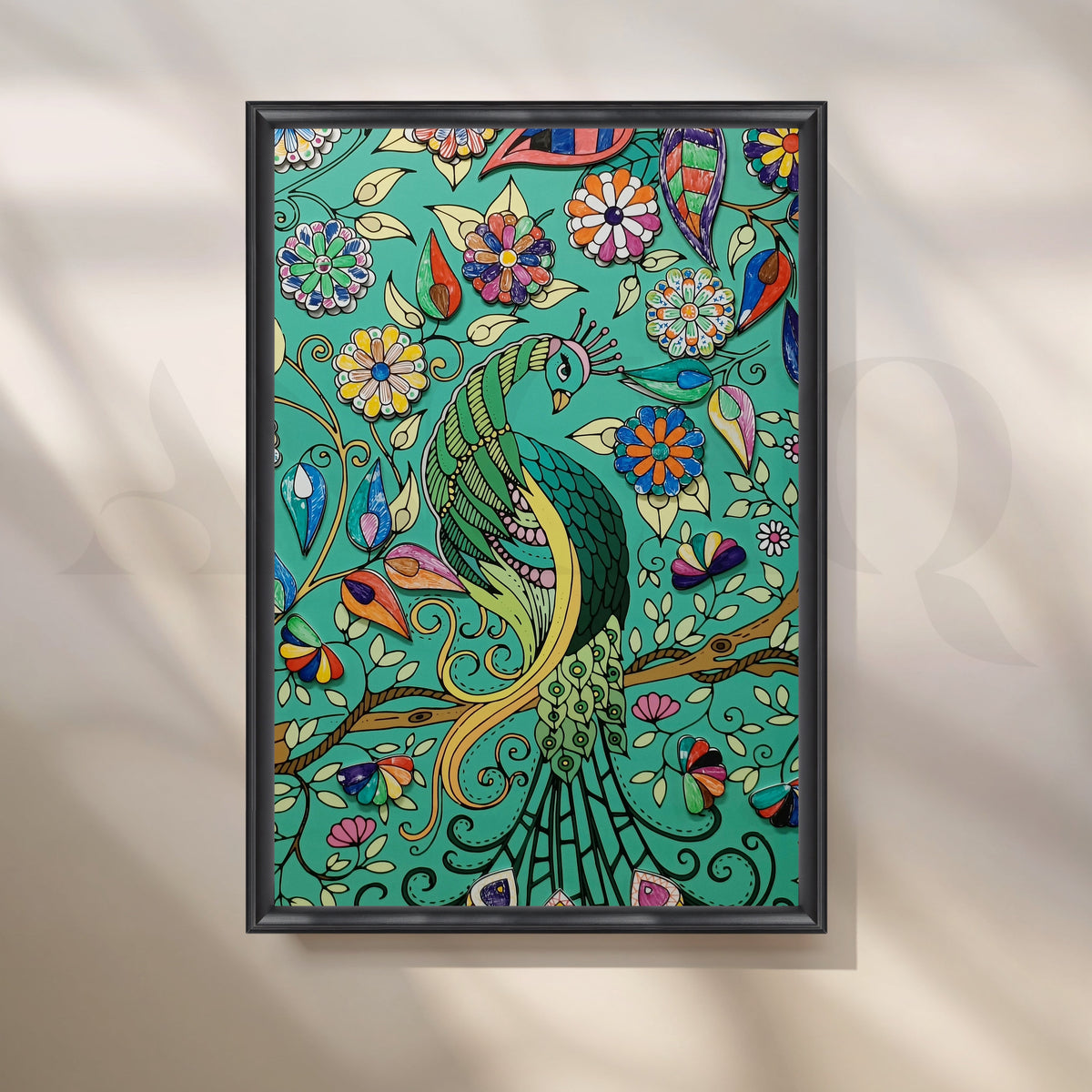 Emerald Peacock Garden Canvas Artwork – Asha Art Studio – Image 3