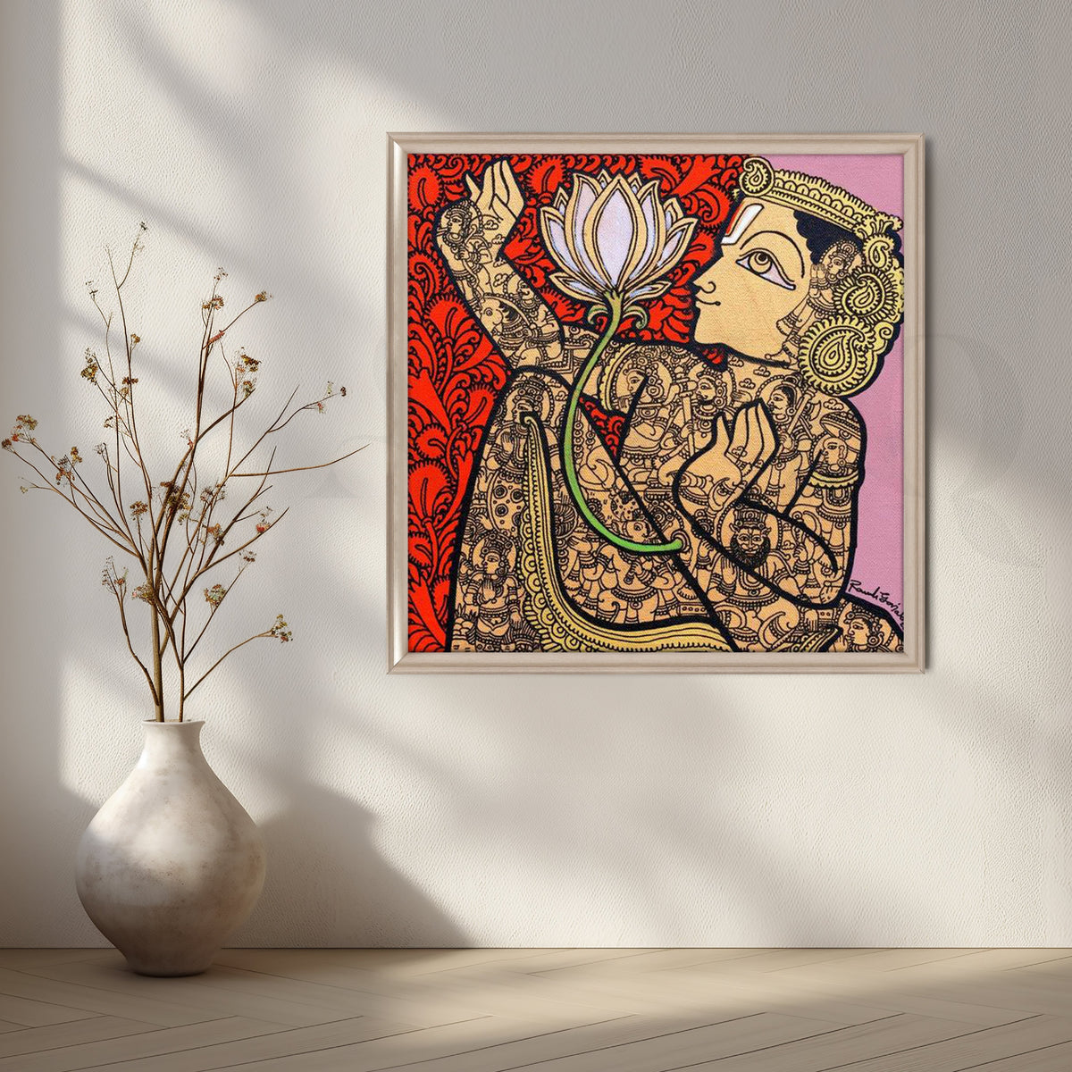 Indian Lotus Deity Folk Art Canvas Artwork – Asha Art Studio – Image 4