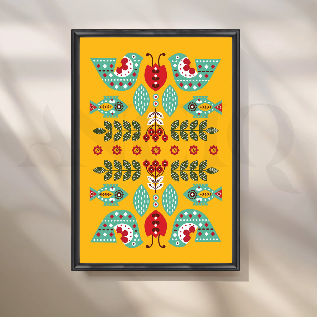 Folk Birds & Fishes Yellow Canvas Artwork – Asha Art Studio – Image 3