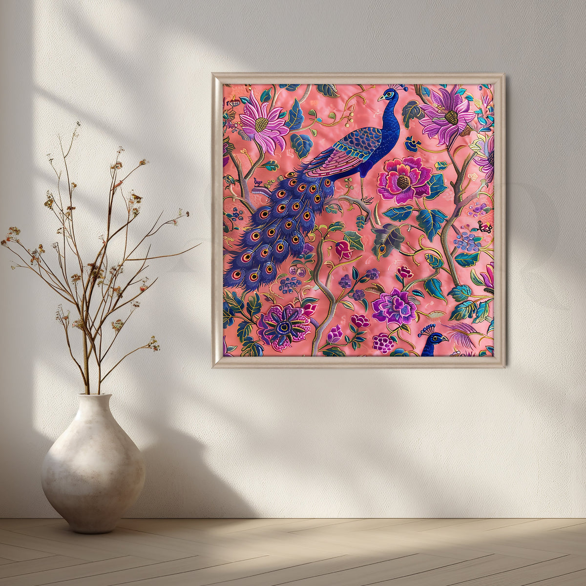 Peacock Paradise on Coral Canvas Artwork – Asha Art Studio – Image 4