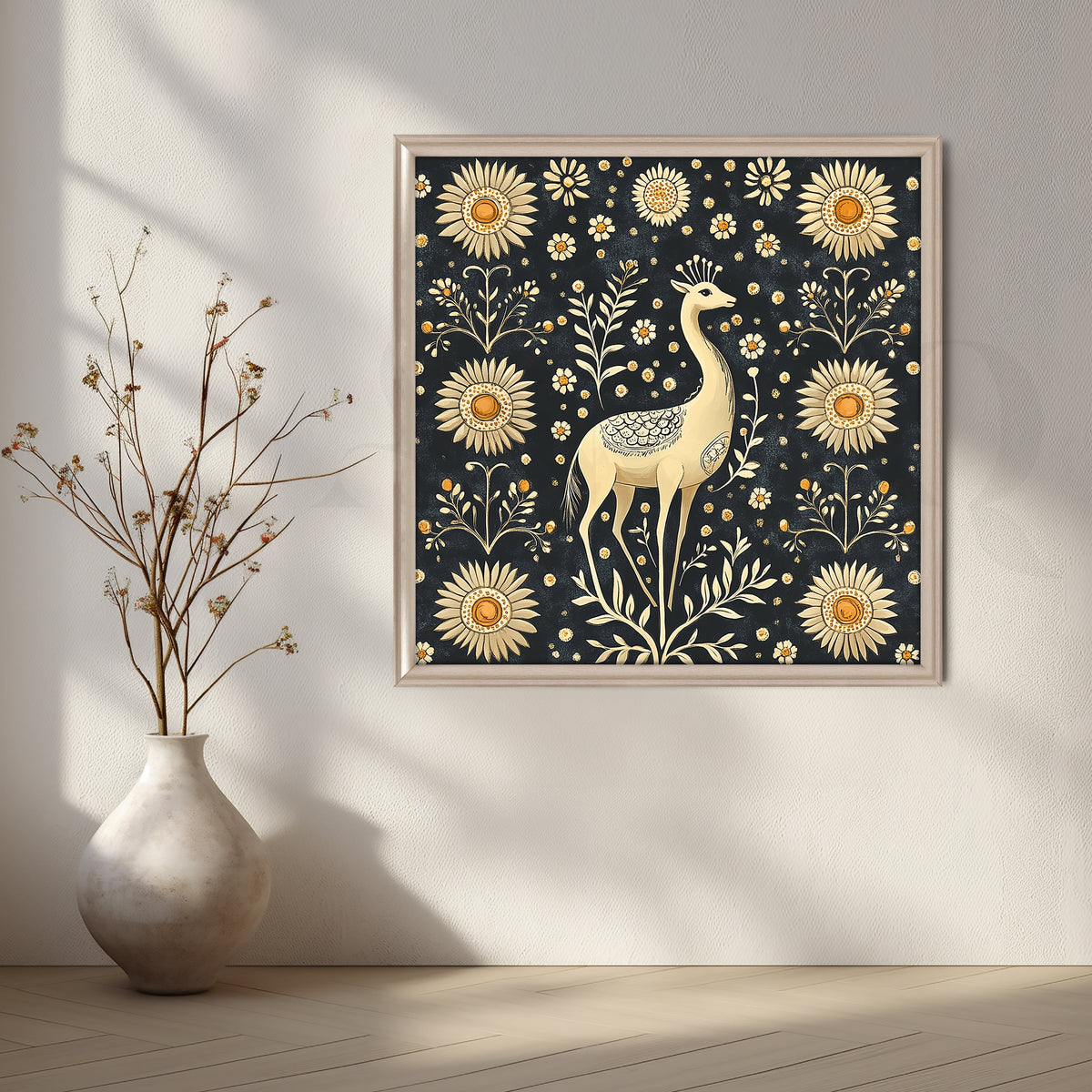 Black Folk Deer with Golden Blossoms Canvas Artwork – Asha Art Studio – Image 4