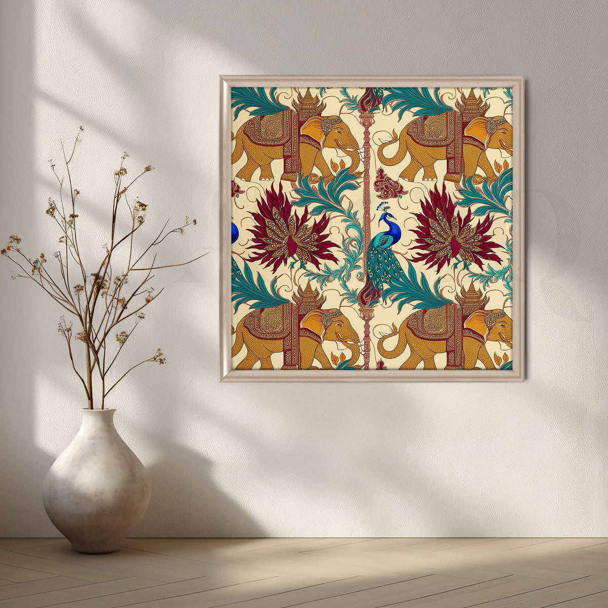 Elephant & Peacock Harmony Canvas Artwork – Asha Art Studio – Image 4