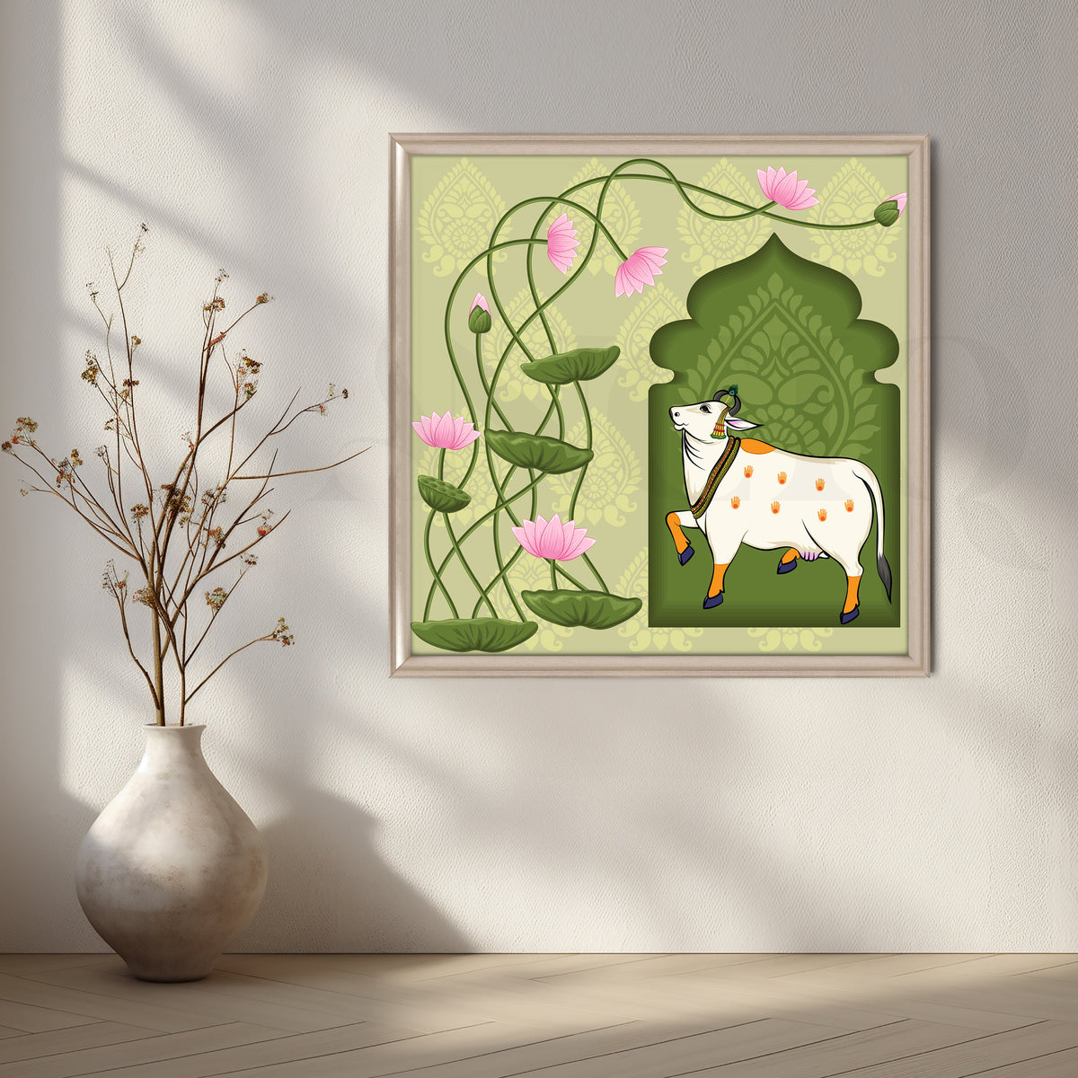 Lotus Blessings Cow Canvas Artwork – Asha Art Studio – Image 4