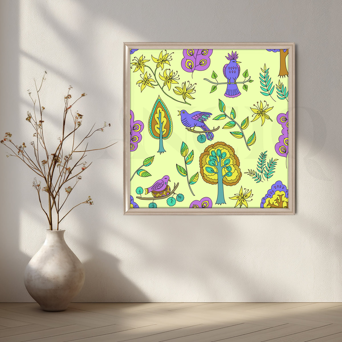 Purple Birds Garden Pattern Canvas Artwork – Asha Art Studio – Image 4