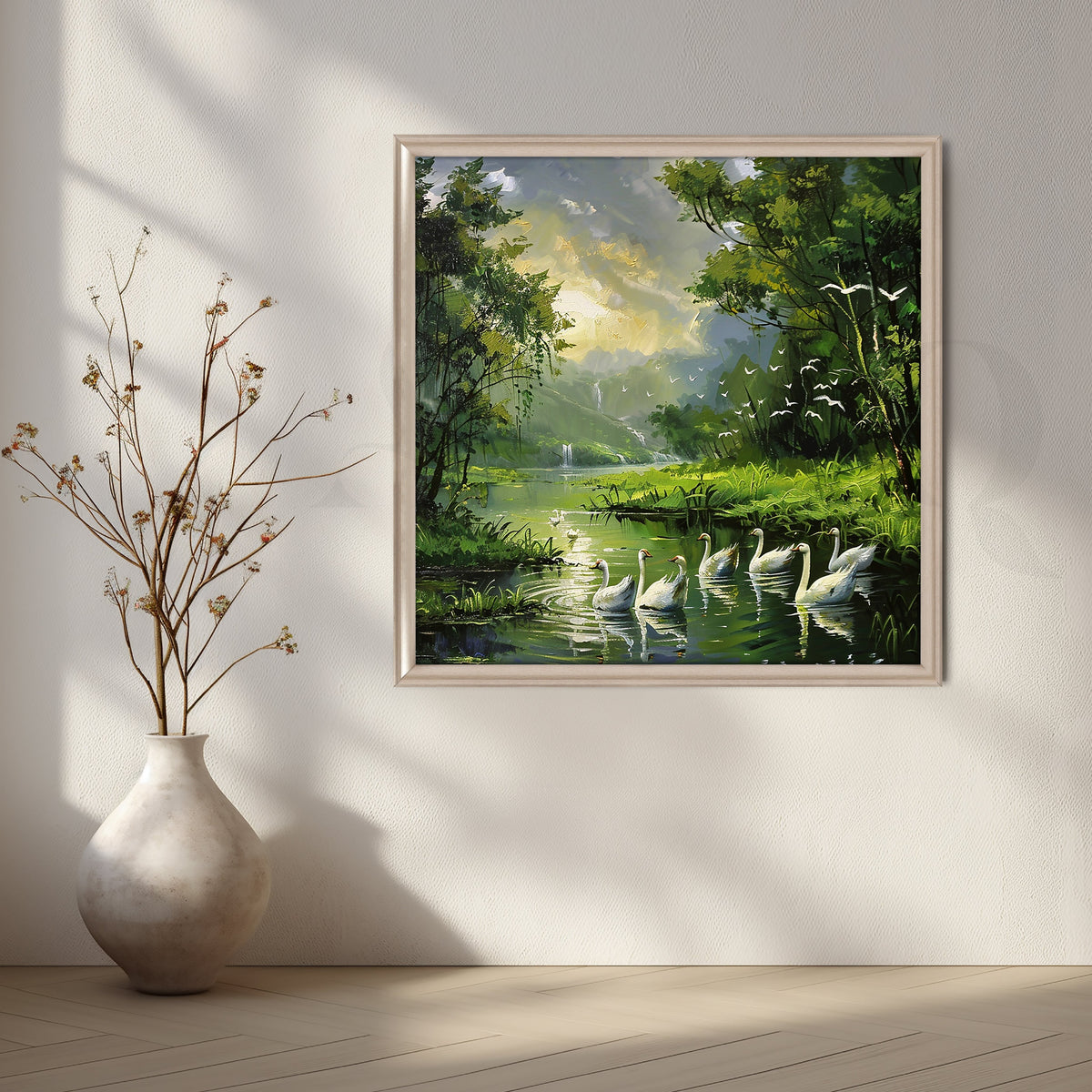 Serene Swan Lake Canvas Artwork – Asha Art Studio – Image 4
