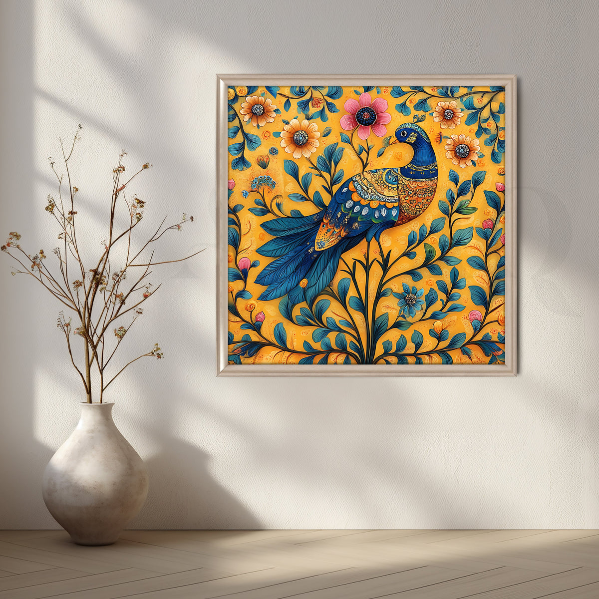 Golden Peacock Garden Folk Canvas Artwork – Asha Art Studio – Image 4