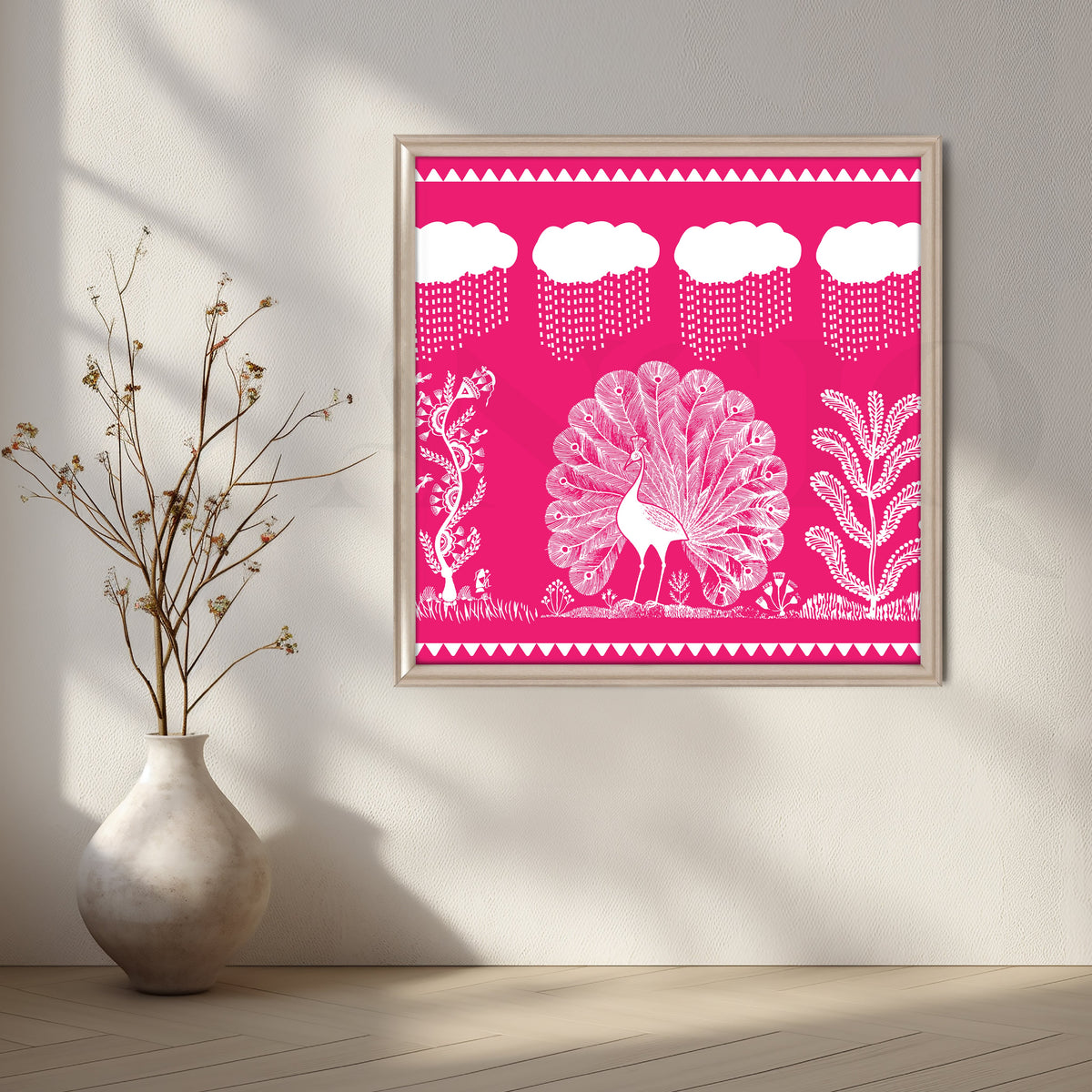 Pink Warli Peacock Rain Dance Canvas Artwork – Asha Art Studio – Image 4
