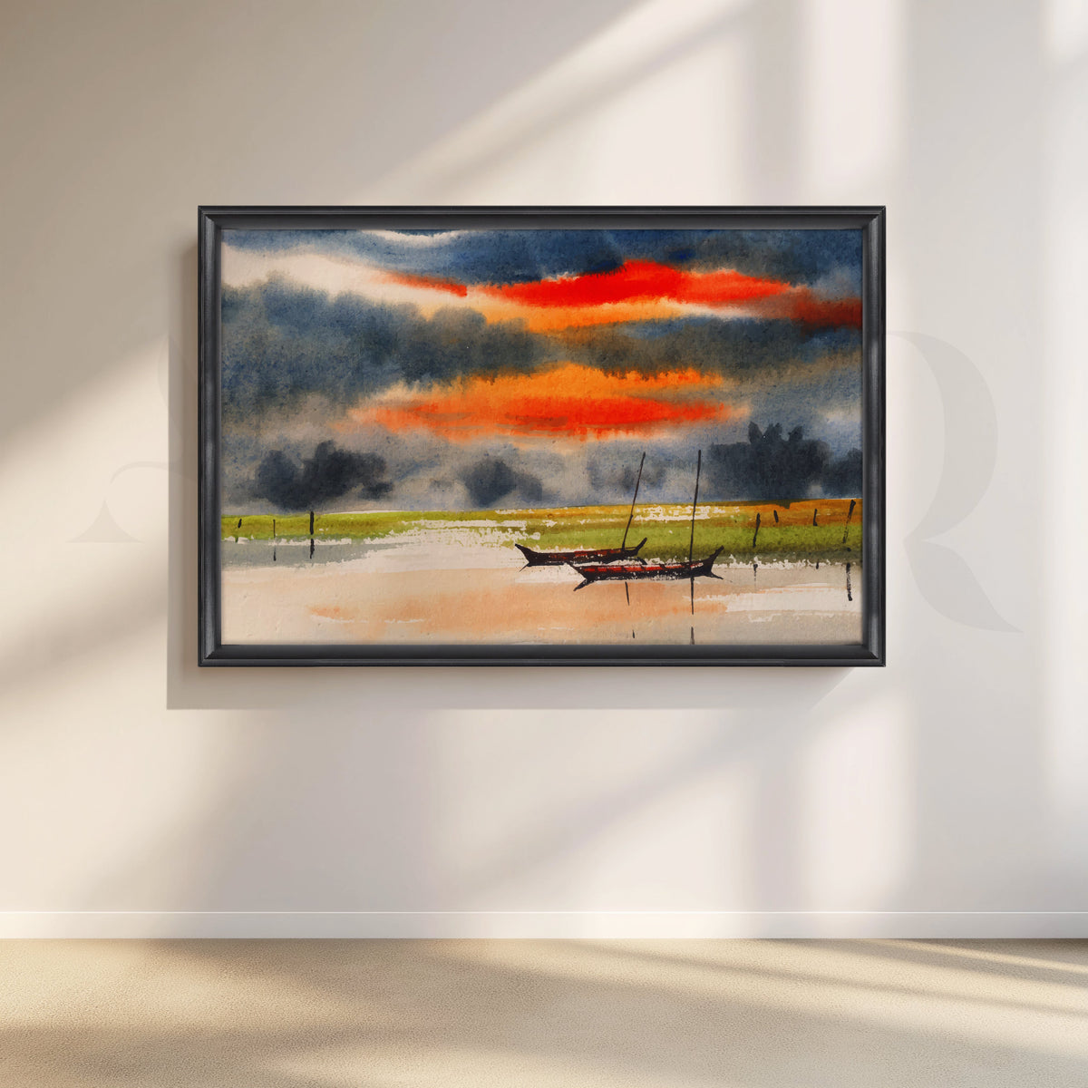 Sunset Stillness with Boats Canvas Artwork – Asha Art Studio – Image 2