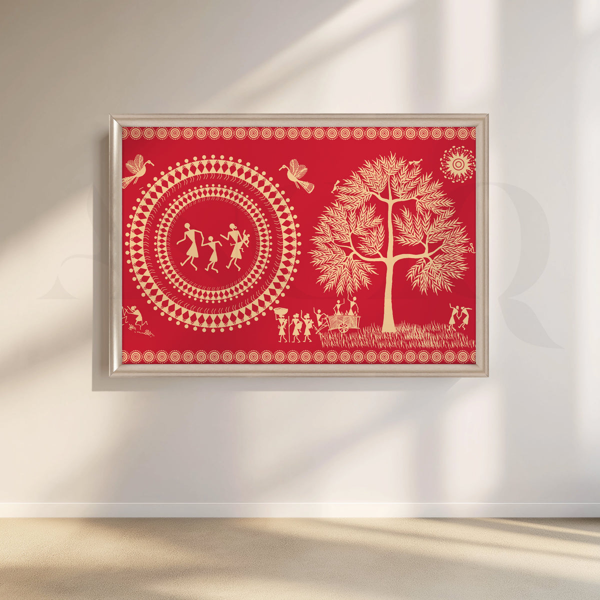 Red Warli Folk Art Canvas Artwork – Asha Art Studio – Image 4