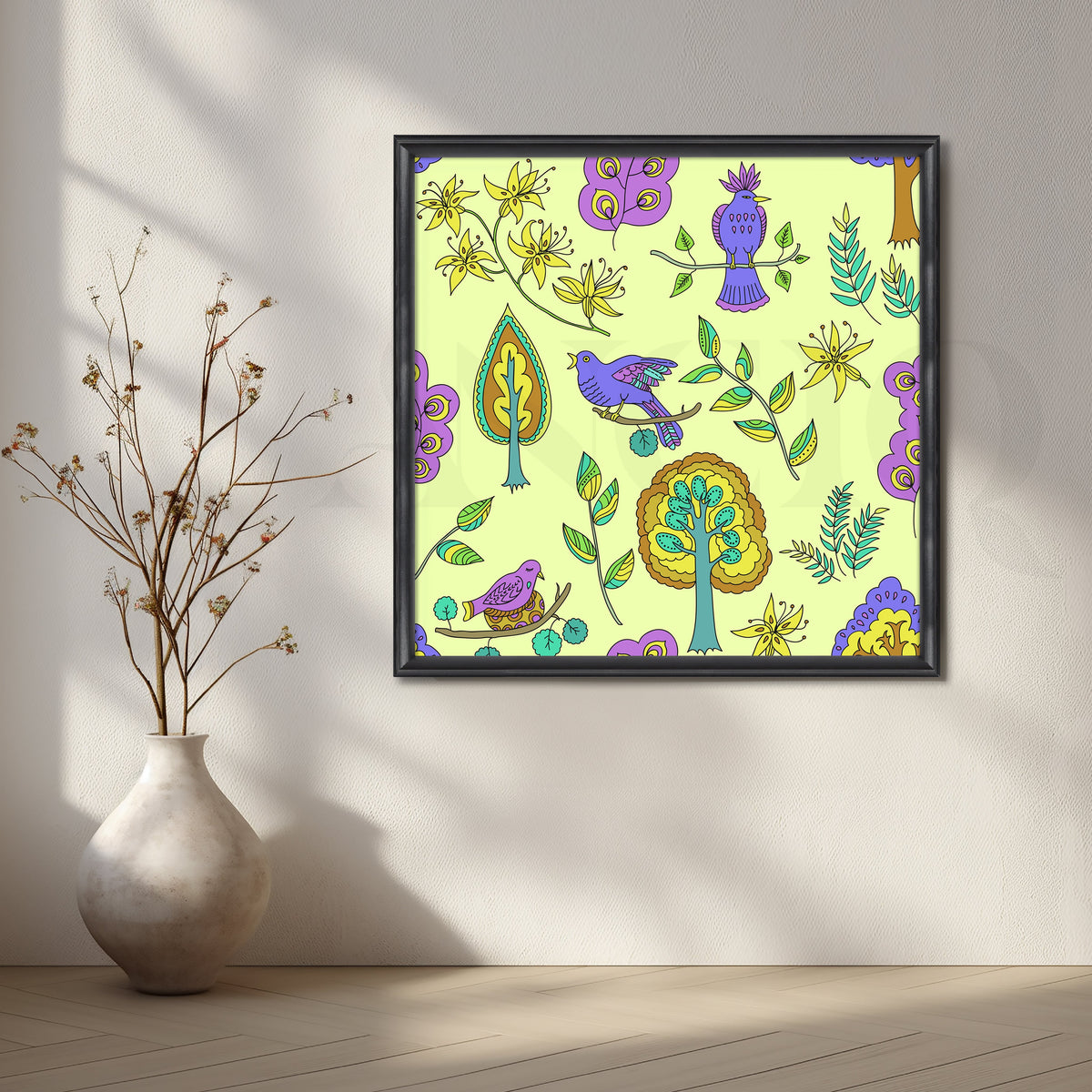 Purple Birds Garden Pattern Canvas Artwork – Asha Art Studio – Image 3