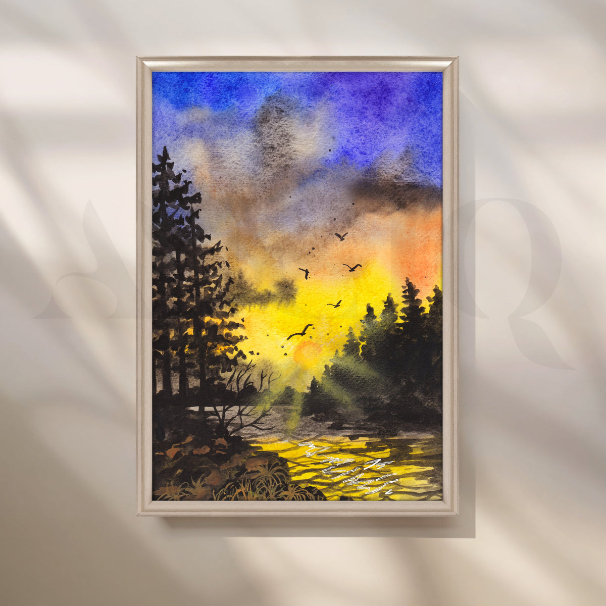 Twilight Birds Over Forest Creek Canvas Artwork – Asha Art Studio – Image 4