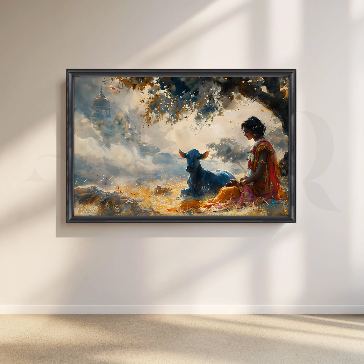 Krishna in Vrindavan Calm Canvas Artwork – Asha Art Studio – Image 3