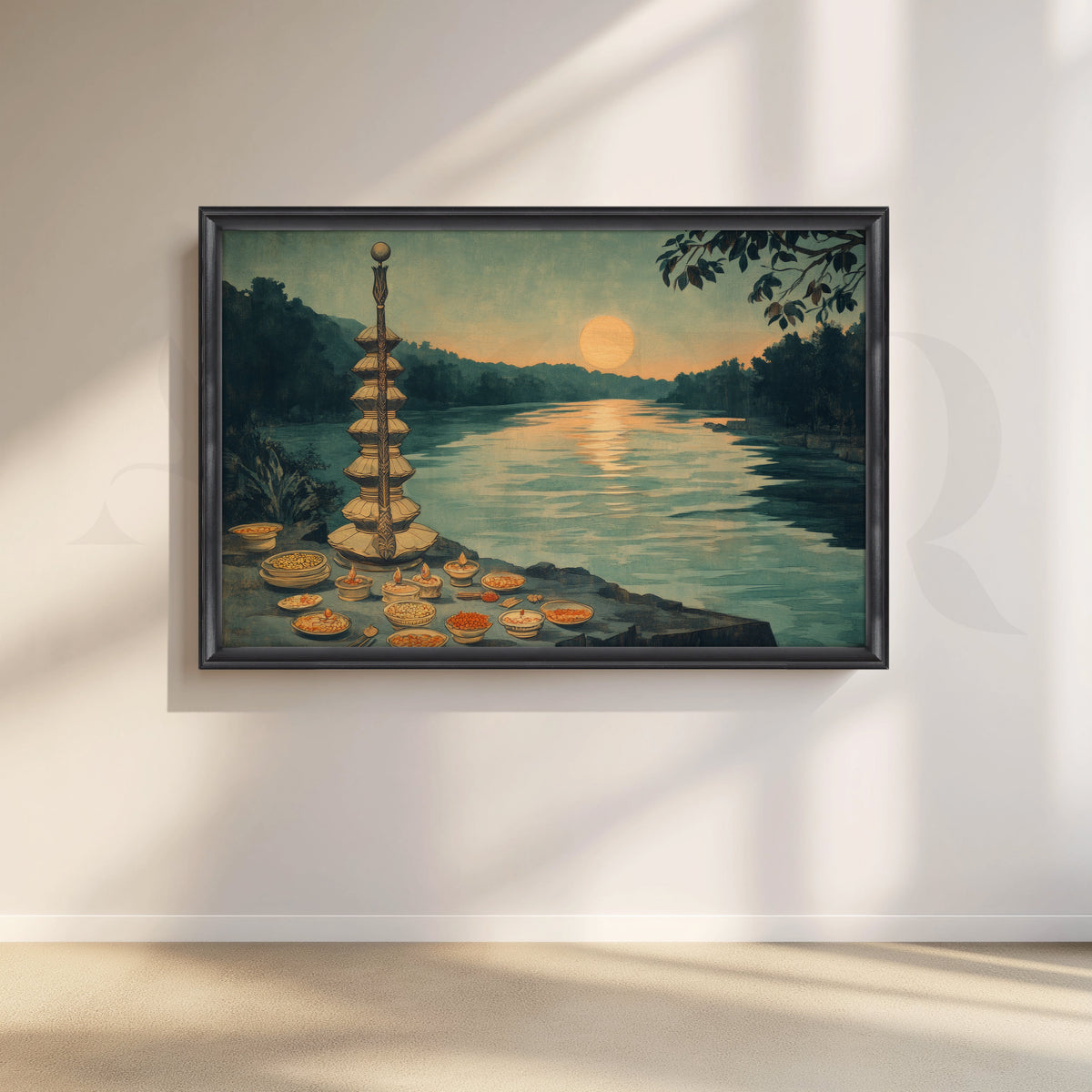 Ganga Aarti Sunset Offering Canvas Artwork – Asha Art Studio – Image 3