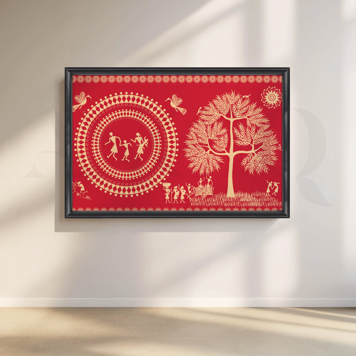 Red Warli Folk Art Canvas Artwork – Asha Art Studio – Image 3