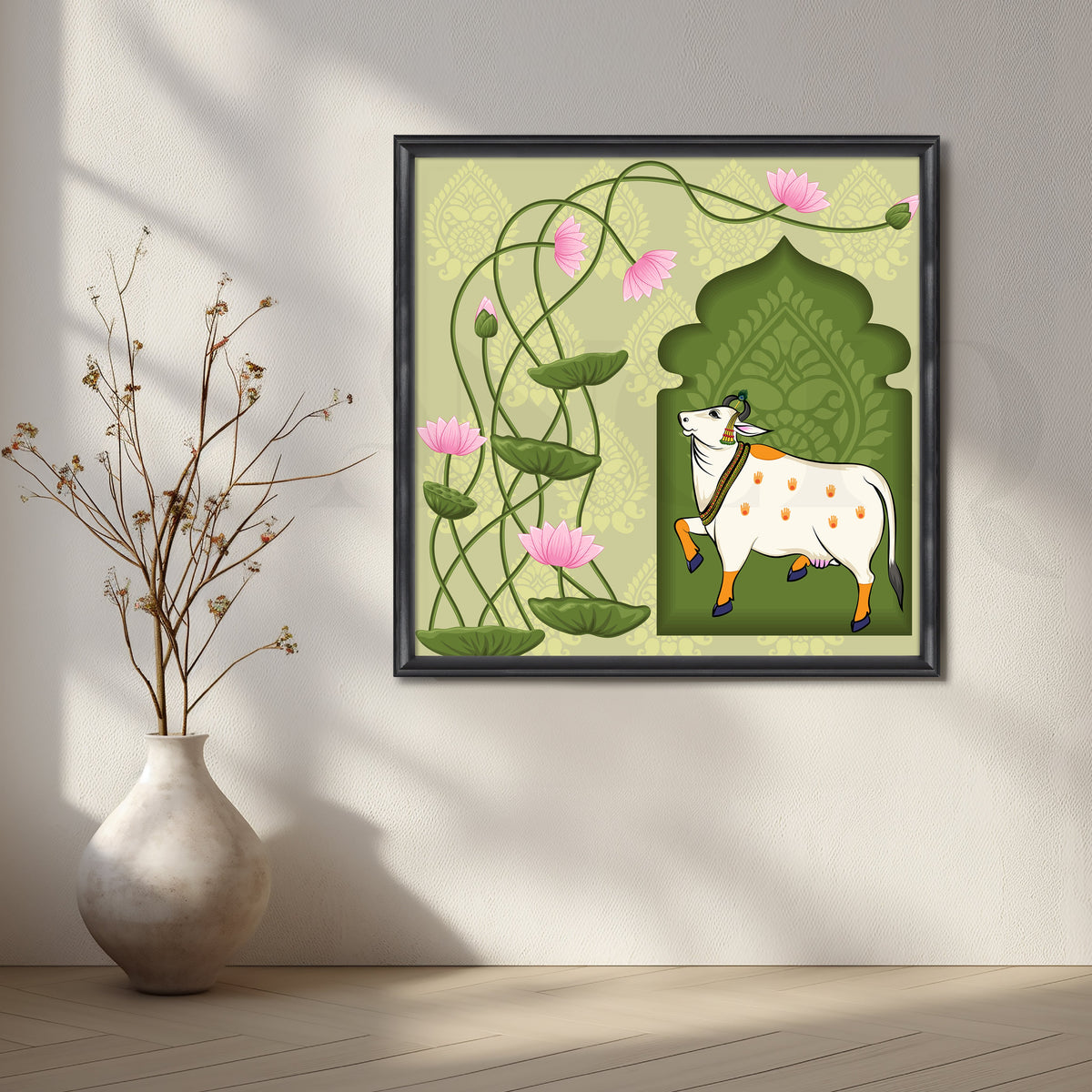Lotus Blessings Cow Canvas Artwork – Asha Art Studio – Image 3