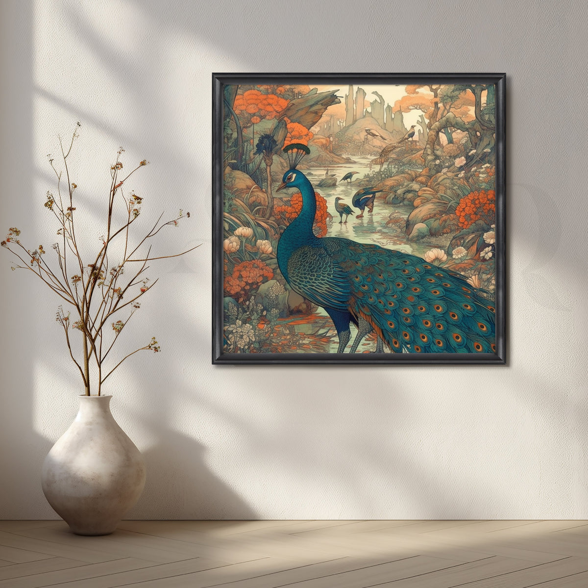 Whispering Peacocks by the Stream Canvas – Asha Art Studio – Image 3