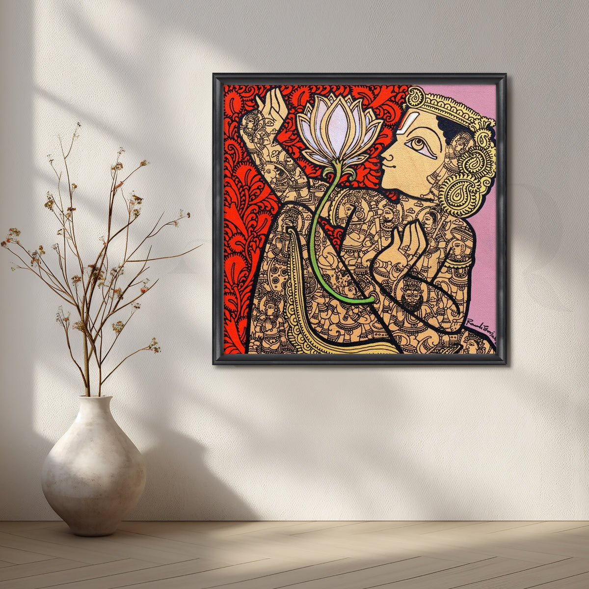 Indian Lotus Deity Folk Art Canvas Artwork – Asha Art Studio – Image 3