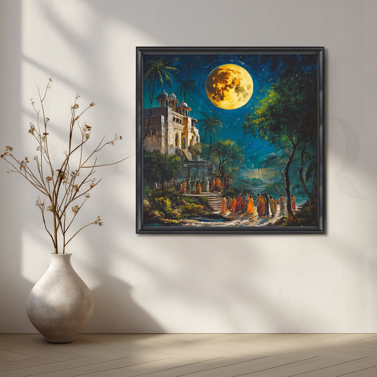 Moonlit Temple Procession Canvas Artwork – Asha Art Studio – Image 3