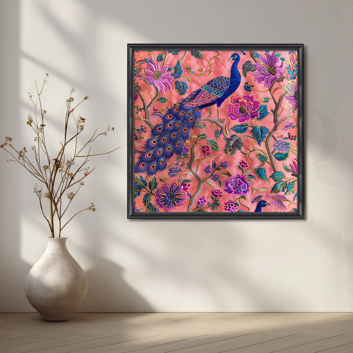 Peacock Paradise on Coral Canvas Artwork – Asha Art Studio – Image 3