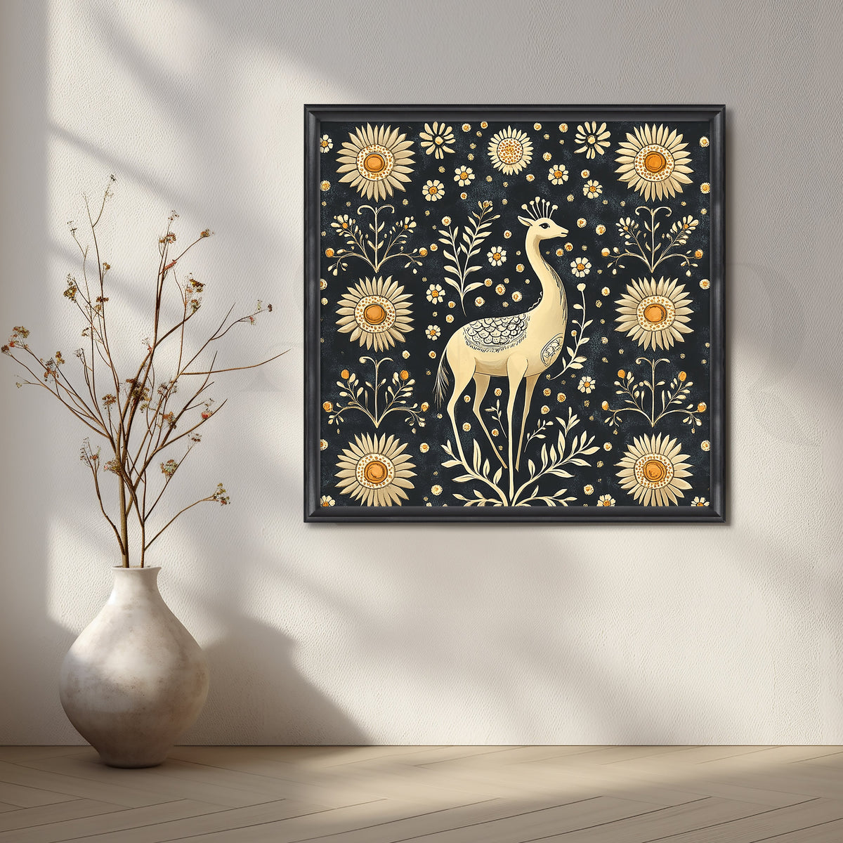 Black Folk Deer with Golden Blossoms Canvas Artwork – Asha Art Studio – Image 3