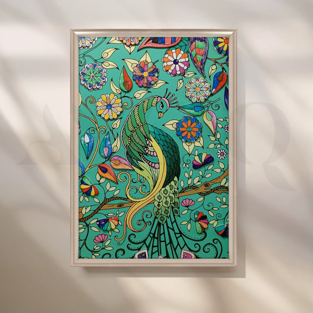 Emerald Peacock Garden Canvas Artwork – Asha Art Studio – Image 4